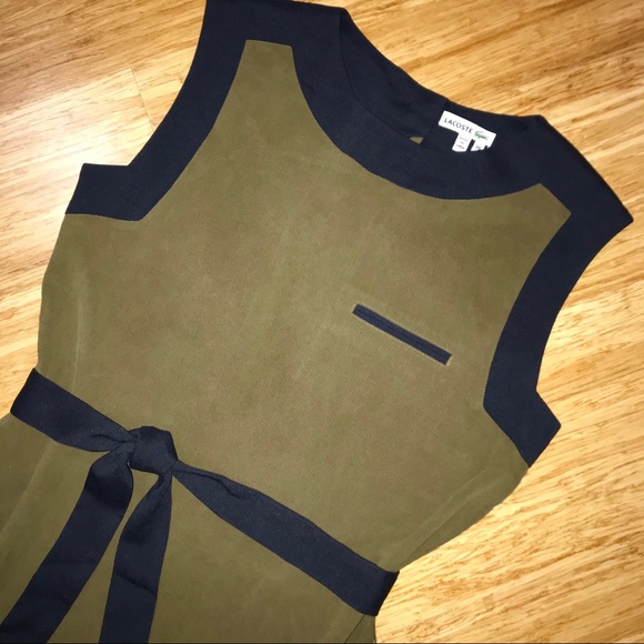 Lacoste Midi Silk Dress Olive W/Navy Trim Sz. 36/4 - Picture 2 of 9